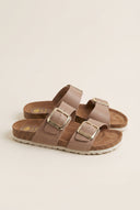 Sandals Wide Strap Statement Buckle - Beige