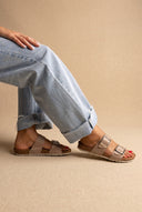 Sandals Wide Strap Statement Buckle - Beige