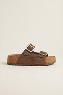 Flatform Sandals Wide Strap Buckle - Brown Suede