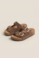 Flatform Sandals Wide Strap Buckle - Brown Suede