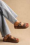 Flatform Sandals Wide Strap Buckle - Brown Suede