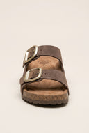Flatform Sandals Wide Strap Buckle - Brown Suede