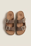 Flatform Sandals Wide Strap Buckle - Brown Suede