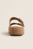 Flatform Sandals Wide Strap Buckle - Beige Suede