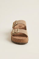 Flatform Sandals Wide Strap Buckle - Beige Suede