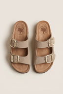 Flatform Sandals Wide Strap Buckle - Beige Suede