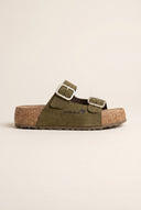 Flatform Sandals Wide Strap Buckle - Khaki Green Suede
