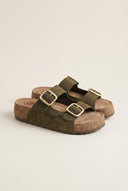 Flatform Sandals Wide Strap Buckle - Khaki Green Suede