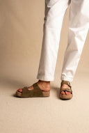 Flatform Sandals Wide Strap Buckle - Khaki Green Suede