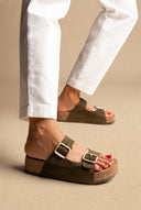 Flatform Sandals Wide Strap Buckle - Khaki Green Suede