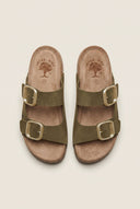 Flatform Sandals Wide Strap Buckle - Khaki Green Suede