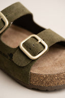Flatform Sandals Wide Strap Buckle - Khaki Green Suede