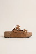 Flatform Sandals Wide Strap Buckle - Tan Suede