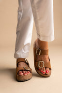 Flatform Sandals Wide Strap Buckle - Tan Suede