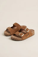 Flatform Sandals Wide Strap Buckle - Tan Suede