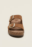 Flatform Sandals Wide Strap Buckle - Tan Suede