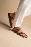 Toe Ring Sandals Adjustable Buckle - Brown Suede
