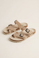 Toe Ring Sandals Adjustable Buckle - Beige Suede