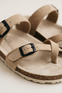 Toe Ring Sandals Adjustable Buckle - Beige Suede