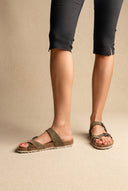 Toe Ring Sandals Adjustable Buckle - Khaki Green Suede