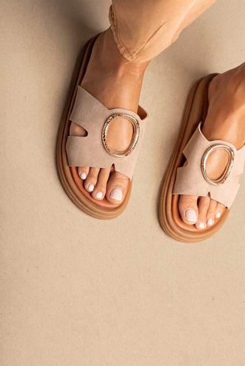 Flatform Sandals Wide Cut Out - Taupe Suede