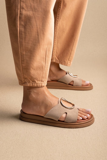Flatform Sandals Wide Cut Out - Taupe Suede