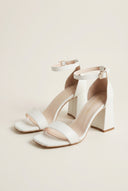 Block Heel Sandals Ankle Strap - White Matte