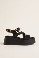 Flatform Sandals Ankle Strap - Black Suede