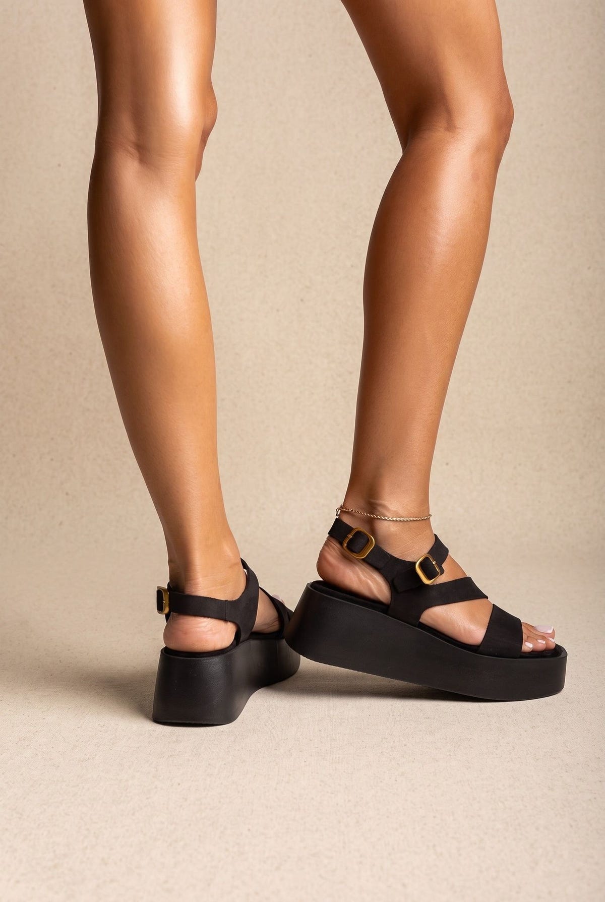 Flatform Sandals Ankle Strap - Black Suede-Flatform Sandals Ankle Strap - Black Suede