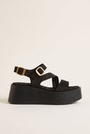 Flatform Sandals Ankle Strap - Black Suede