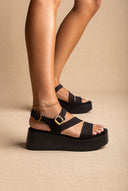 Flatform Sandals Ankle Strap - Black Suede-Flatform Sandals Ankle Strap - Black Suede