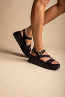 Flatform Sandals Ankle Strap - Black Suede