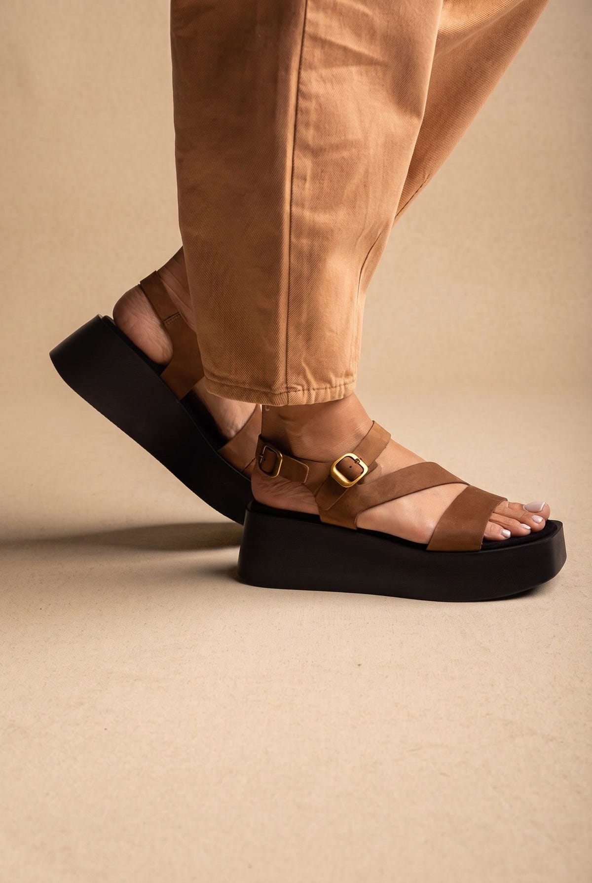 Flatform Sandals Ankle Strap - Mocha Suede-Flatform Sandals Ankle Strap - Mocha Suede