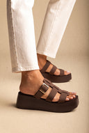 Flatform Sandals Buckle Detail - Brown Suede