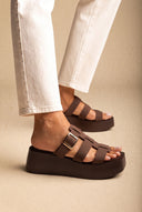 Flatform Sandals Buckle Detail - Brown Suede-Flatform Sandals Buckle Detail - Brown Suede