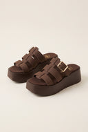 Flatform Sandals Buckle Detail - Brown Suede
