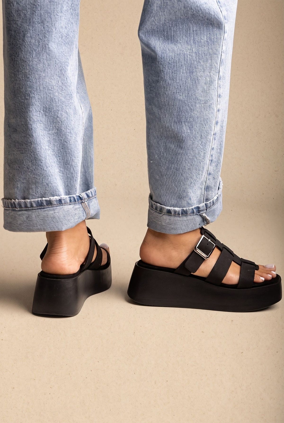 Flatform Sandals Buckle Detail - Black Suede-Flatform Sandals Buckle Detail - Black Suede