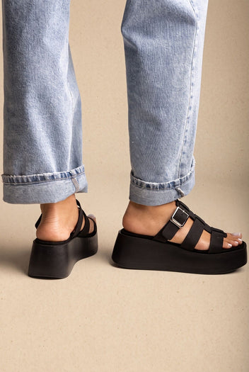 Flatform Sandals Buckle Detail - Black Suede-Flatform Sandals Buckle Detail - Black Suede