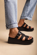 Flatform Sandals Buckle Detail - Black Suede-Flatform Sandals Buckle Detail - Black Suede