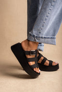 Flatform Sandals Buckle Detail - Black Suede-Flatform Sandals Buckle Detail - Black Suede