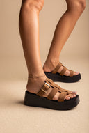 Flatform Sandals Buckle Detail - Mocha Suede