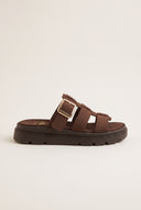 Flatform Sandals Side Buckle - Brown Suede