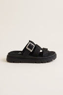 Flatform Sandals Side Buckle - Black Suede