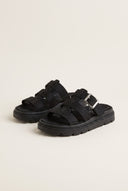Flatform Sandals Side Buckle - Black Suede