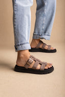 Flatform Sandals Side Buckle - Stone Suede