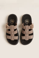 Flatform Sandals Side Buckle - Stone Suede