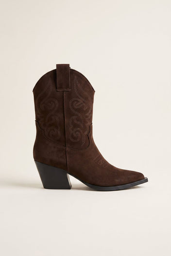 Cowboy Ankle Boots Block Heel - Brown Suede-Cowboy Ankle Boots Block Heel - Brown Suede
