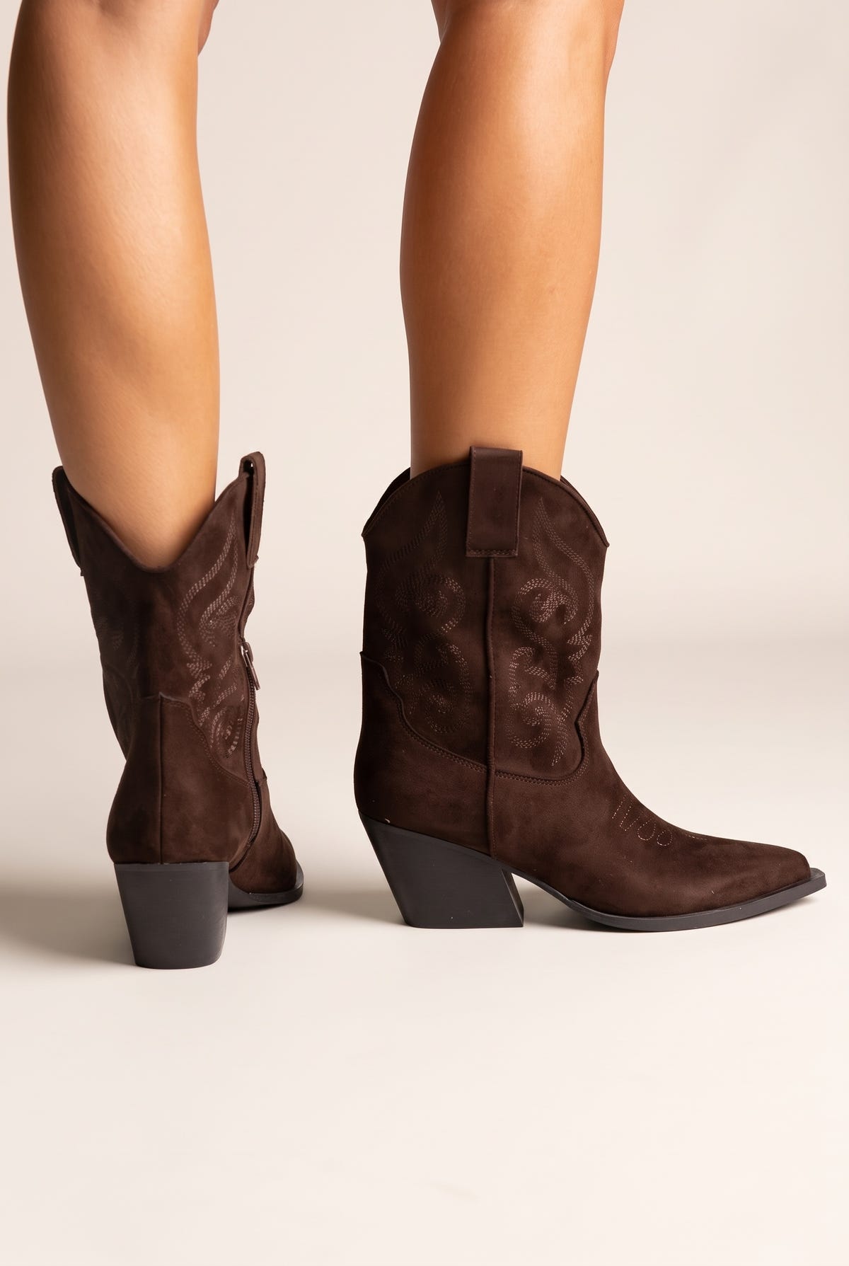 Cowboy Ankle Boots Block Heel - Brown Suede