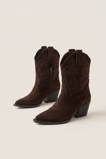 Cowboy Ankle Boots Block Heel - Brown Suede-Cowboy Ankle Boots Block Heel - Brown Suede