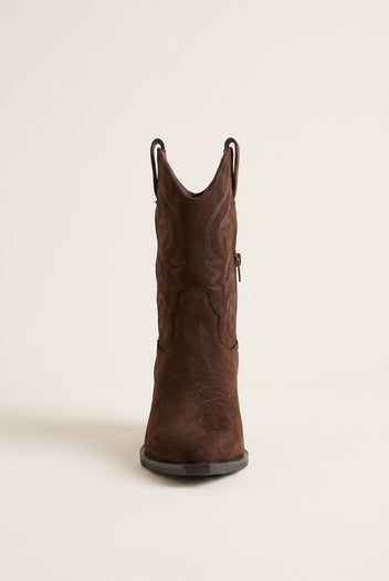 Cowboy Ankle Boots Block Heel - Brown Suede-Cowboy Ankle Boots Block Heel - Brown Suede